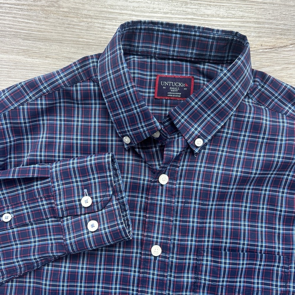 UNTUCKit Small Slim Fit Blue Red Plaid Long Sleeve Casual Button Down